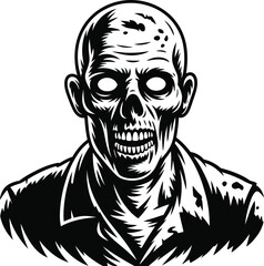 Detailed zombie head illustration in black and white on transparent background silhouette