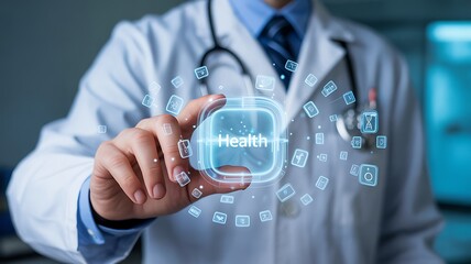 Doctor holding futuristic digital health technology in hand