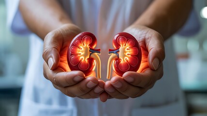 Human kidneys held in hands medical health care organ donation concept