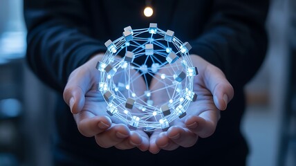 Person holding glowing digital network globe in hands data science
