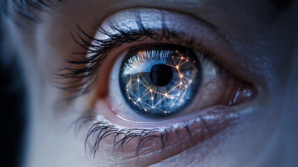 Close-up macro eye reflection of digital world technology and data