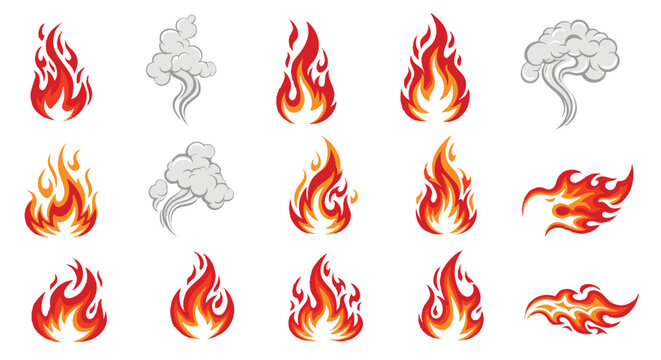 Fire and smoke vector icons collection, decorative flames design elements for graphic resources