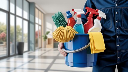 Professional cleaning supplies in bucket ready for office housekeeping tasks