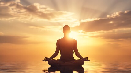 Serene person meditating by golden sunrise over water calmness