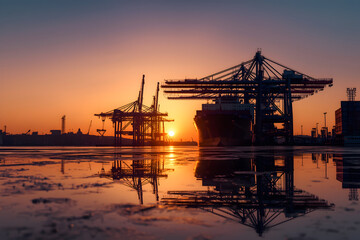 Obraz premium Stunning sunset reflecting on the water at the shipping port terminal with container cranes
