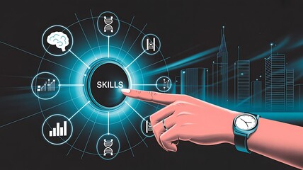 Hand interacts with digital interface connecting to building icons technology innovation