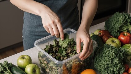 A realistic photograph captures a young white adult, managing a chronic illness, meticulously placing food waste into a sealed compost container