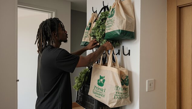 In a realistic home setting, a young, gender-neutral individual with dreadlocks meticulously organizes reusable produce and grocery bags