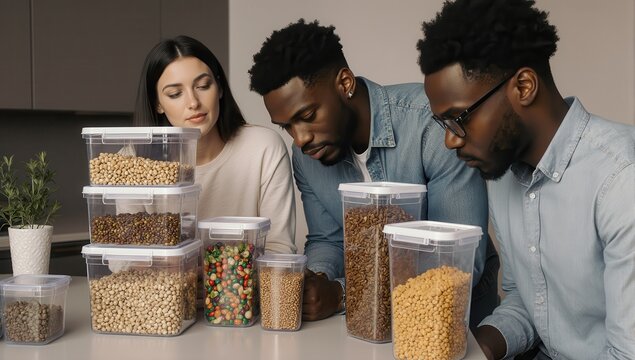 A diverse queer couple, a white woman and a Black man in their 30s, thoughtfully organize their modern kitchen pantry by reusing clear plastic food containers for pantry staples