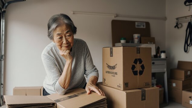 A realistic photograph capturing an thoughtful older Asian woman carefully flattening cardboard boxes for recycling