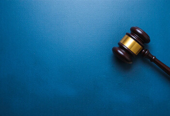 Judge’s wooden gavel on blue background symbolizing justice, law authority, legal decision and courtroom concept
