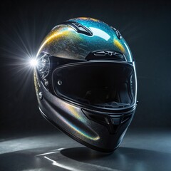 Fototapeta premium Futuristic Motorcycle Helmet with Iridescent Finish and Lens Flare