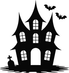 Spooky haunted house with bats and graveyard on transparent background silhouette