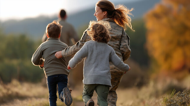 Children running toward returning parent in uniform excited reunion military homecoming pure joy family bonding emotional moment children's happiness deployment end with - Powered by Adobe
