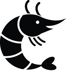 Smiling Curled Shrimp or Prawn Silhouette Icon, Simple Minimalist Seafood Mascot Logo in Black and White