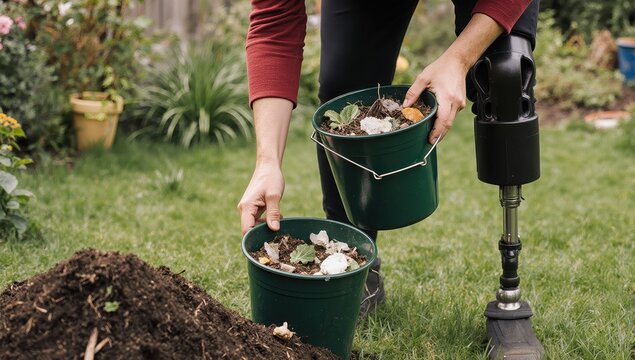 A person with a prosthetic leg is actively collecting organic waste in their home garden, destined for a compost pile, promoting sustainable and inclusive eco-friendly living. - Powered by Adobe