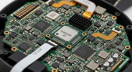 Obraz premium Intricate electronic circuit board with a central processor and various components for advanced technology devices