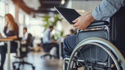 Close-up of wheelchair userâs hand connecting tablet to wireless display, background showing open office with inclusive staff in discussion