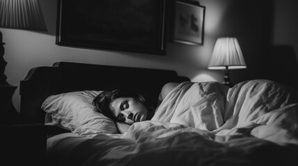 A girl sleeping on a bed. Nighttime. Concepts of dreams, sleep, sleep hygiene, and maintaining a sleep routine.