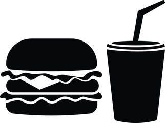 Black silhouette of a classic hamburger and a soda cup with straw isolated on white background
