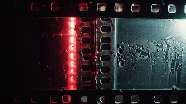 Grungy texture of an old, deteriorating movie film reel with a cinematic red glow and water damage