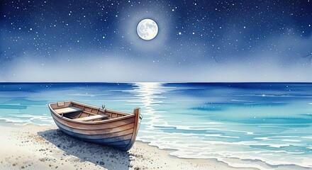 Serene Moonlit Night Over Calm Ocean Waters With A Boat On The Shore