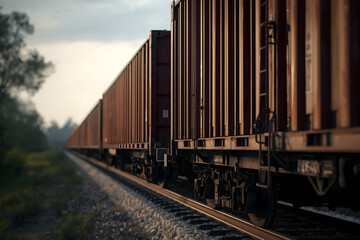 Obraz premium Railroad freight train cars transporting cargo on tracks, logistics and transportation