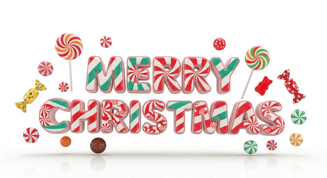 A festive Merry Christmas greeting made from colorful candy cane text, surrounded by lollipops and assorted sweets in a 3D illustration