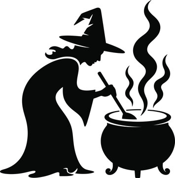 black witch stirring cauldron silhouette clip art preview