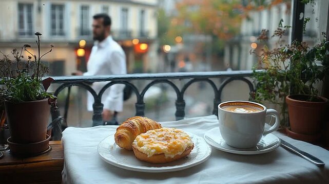 Cozy Parisian Breakfast on a Balcony Overlooking the City Street.