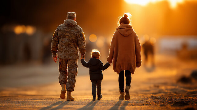 Military family walking together on base family unity military community base life family stroll togetherness military environment family connection with copy space