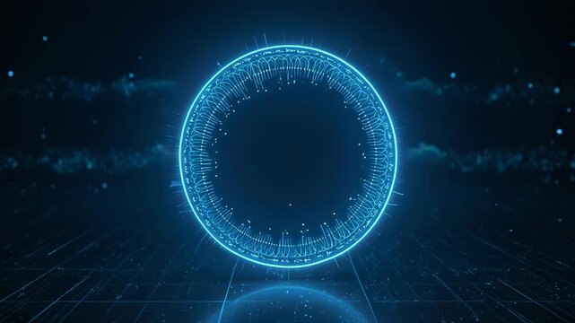 A glowing cyan digital circle in a dark blue environment with scattered particles and lines