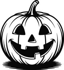 Detailed carved pumpkin face illustration with a shadow on transparent background silhouette