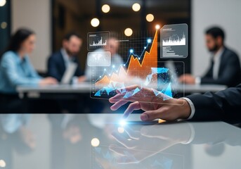 Business team using digital graph interface for data analysis and presentation