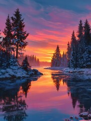 vibrant sunset over tranquil lake with snowcovered trees reflecting in serene waters