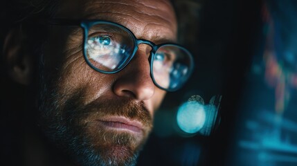 mature concentrated business man trader wearing eyeglasses working looking at laptop computer screen reflecting in glasses analyzing online trading market financial digital data graph close up view n