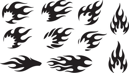 Flame decal. Fire abstract black silhouette flames for race car or tattoo. Tribal flame hotrod car vinyl decals and motorcycle airbrush stencil. Burning element vector set 