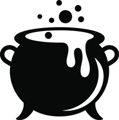 Black cauldron with bubbling brew and splatter ideal design element silhouette on transparent background