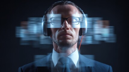 business people and future technology concept businessman in headset over black background with virtual screens no logos no brands ar 169