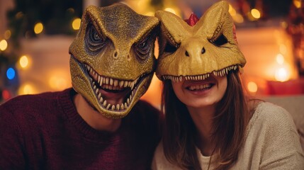 crazy young couple having fun for new years eve party wearing trex and chicken mask holidays concept focus on faces no logos no brands ar 169