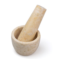 Stone mortar and pestle for grinding spices isolated on white background.