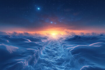 Bright orange sun shining over a snow-covered landscape.