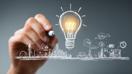 hand drawing creative business strategy with light bulb as concept no logos no brands ar 169