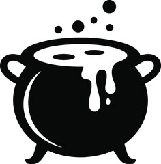 Black cauldron with bubbling potion and steam perfect for halloween on transparent background silhouette