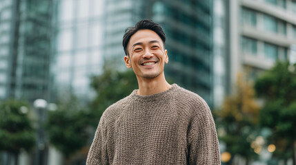 Handsome japanese man, asian man in his thirties wearing a knit sweater, standing in street and smiling. the background is modern office buildings and greenery. Happy male person in city.