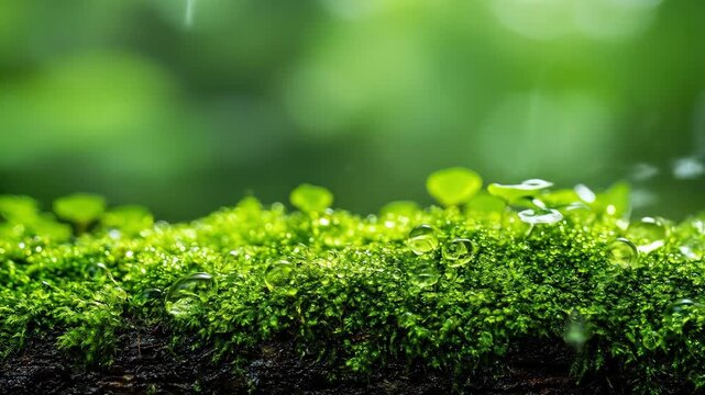 Vibrant green moss covered in sparkling water droplets against a soft green backdrop