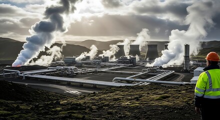 A geothermal power plant in iceland with steam rising from the pipes and cooling towers, with a worker in the foreground overseeing the operation
