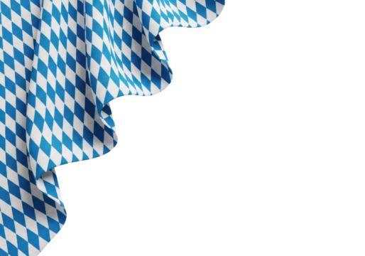 High-quality blue and white diamond patterned textile fabric, finely woven, artfully draped in studio against transparent background with copy space, reminiscent of Bavarian flag