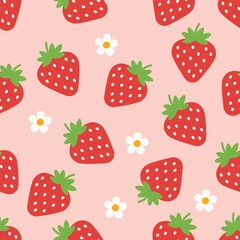 vibrant ,seamless strawberry pattern with white flowers on pink background
