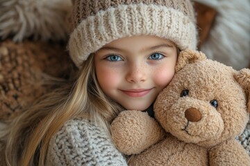 Little girl holding teddy bear.
